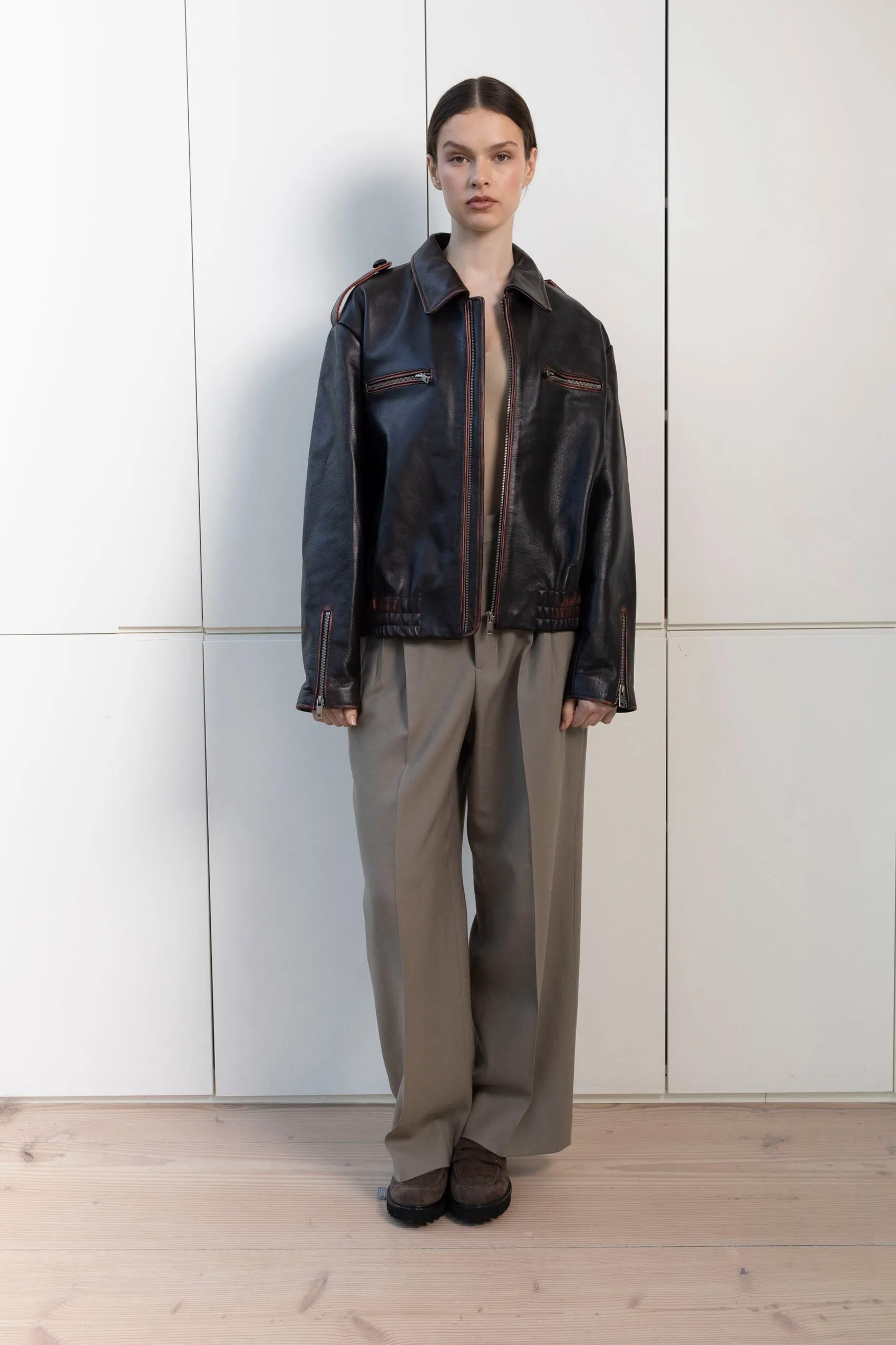 Sarah Leather Bomber sold by DUCIE