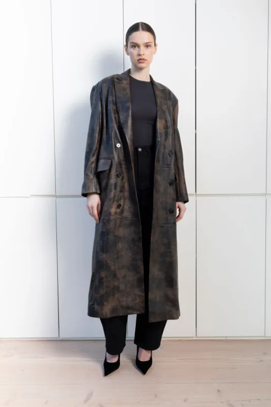 Aggie Distressed Leather Coat made by DUCIE
