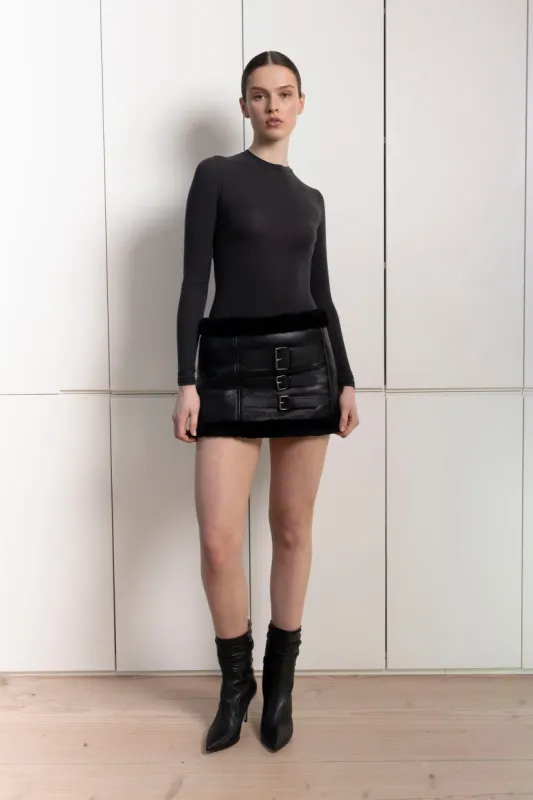Julia Leather Shearling Buckle Skirt sold by DUCIE