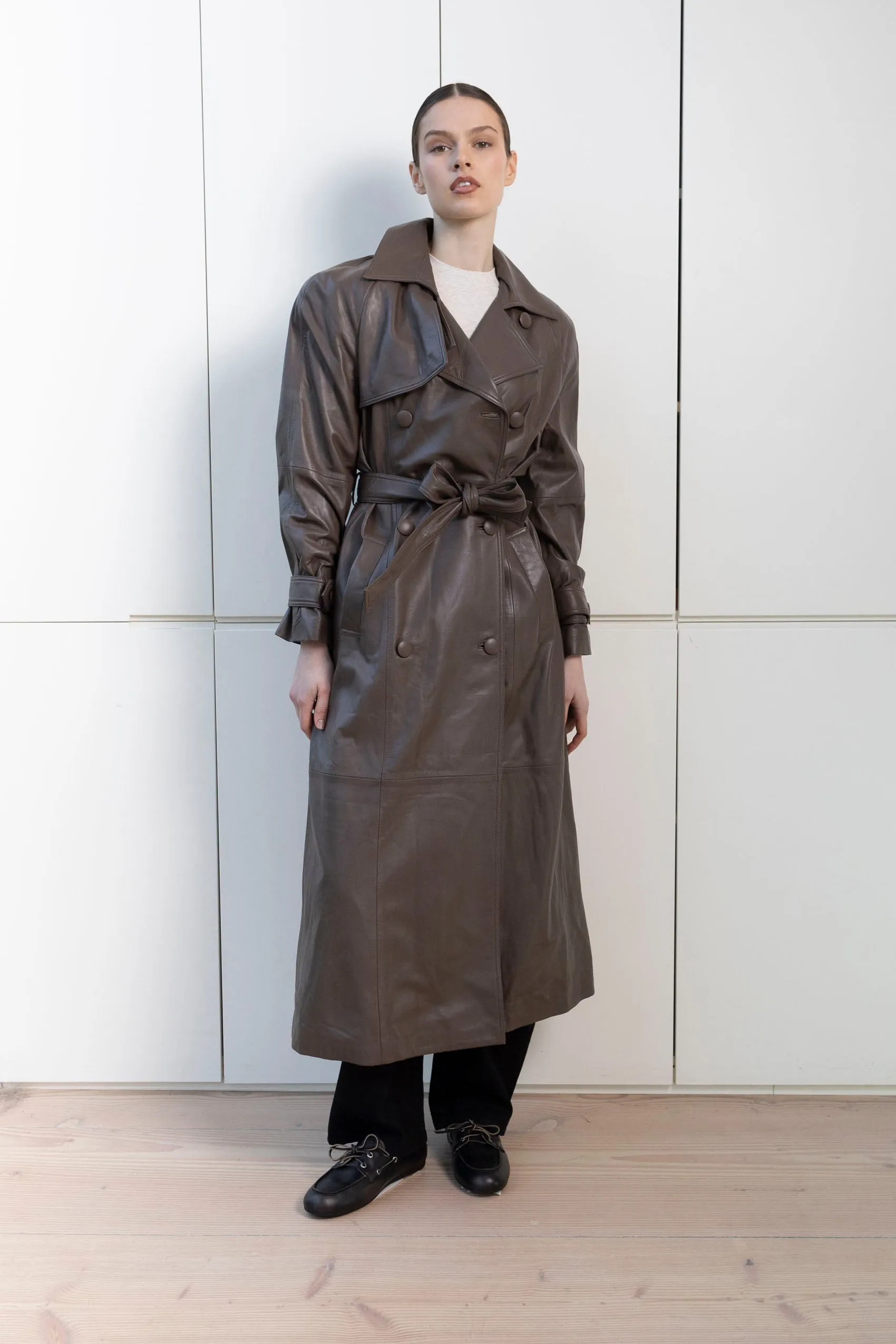 Corrin Leather Trench Coat sold by DUCIE