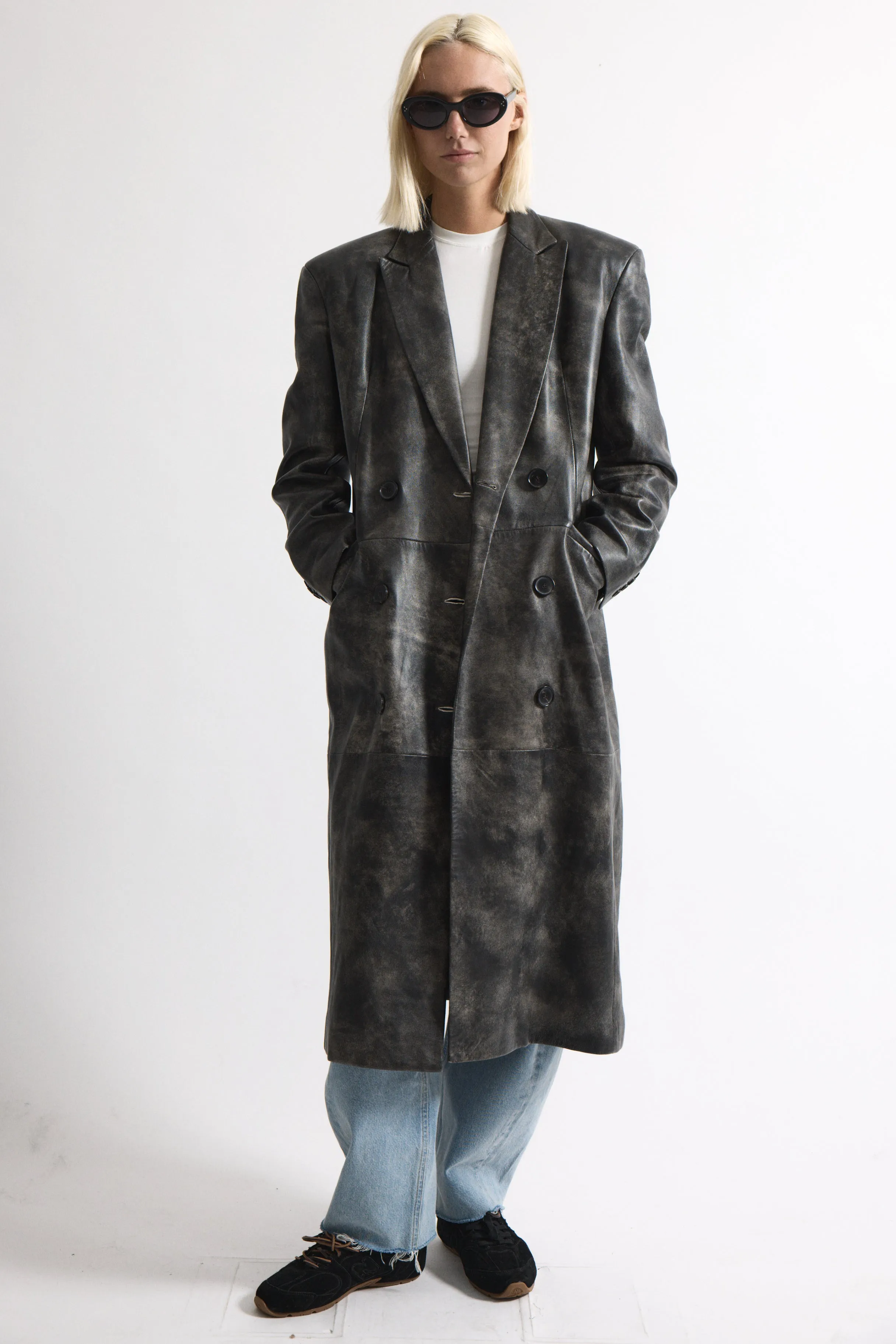 Aggie Distressed Leather Coat sold by DUCIE