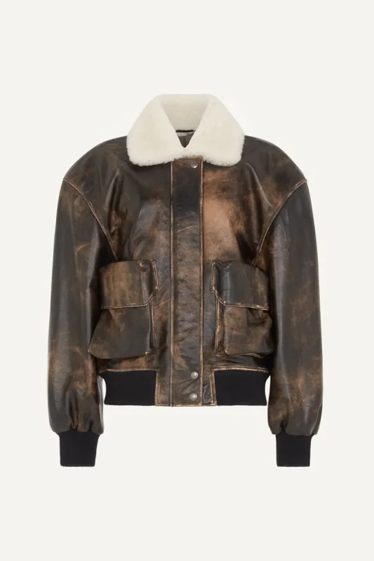 Darcy Distressed Leather Bomber Jacket With Shearling Collar sold by DUCIE