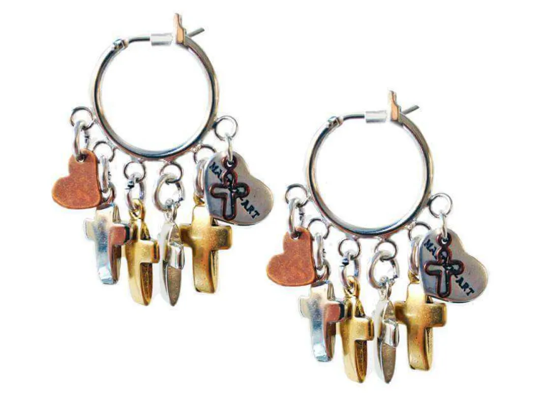 Hoop earrings with crosses, hearts charms and burnished gold. Boho earrings, trendy earrings, summer earrings. sold by Maiden-Art