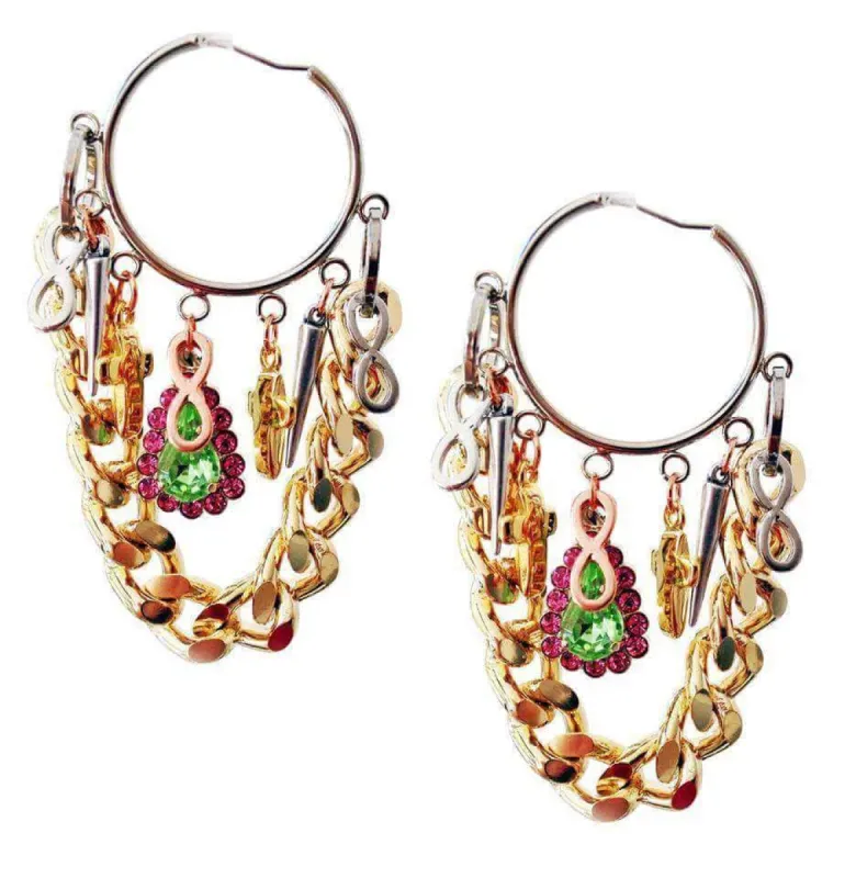 Pink and lime green hoop earrings with gold chain. Golden chain earrings, Handmade earrings, Boho Earrings, Boho jewelry. sold by Maiden-Art