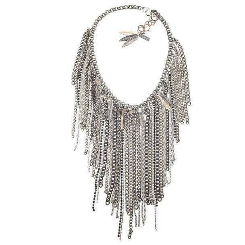 Chain fringe necklace with antique silver ad brass chains, studs, rhinestone crystals and Charms. Trendy necklace, trendy jewelry sold by Maiden-Art