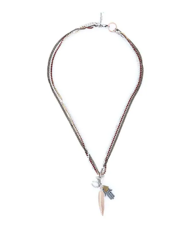 Choker Necklace with lucky charm, hamsa pendant, feather and horseshoe. sold by Maiden-Art
