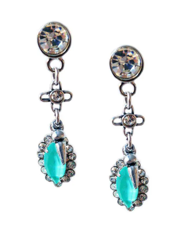 Aquamarine Swarovski Crystal dangle and drop earrings with rhinestones, rhodium and antique silver plated brass. sold by Maiden-Art