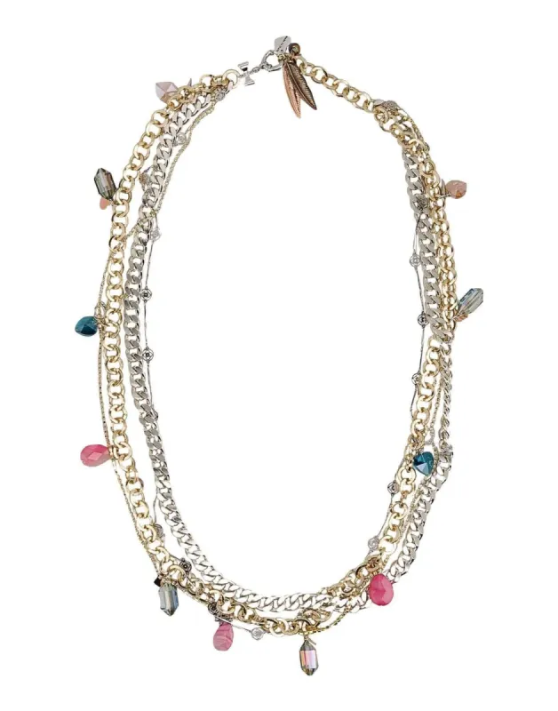 Stylish Necklace made with rows of silver-plated and rose gold-plated chains and features pretty blue and pink bead detailing. sold by Maiden-Art