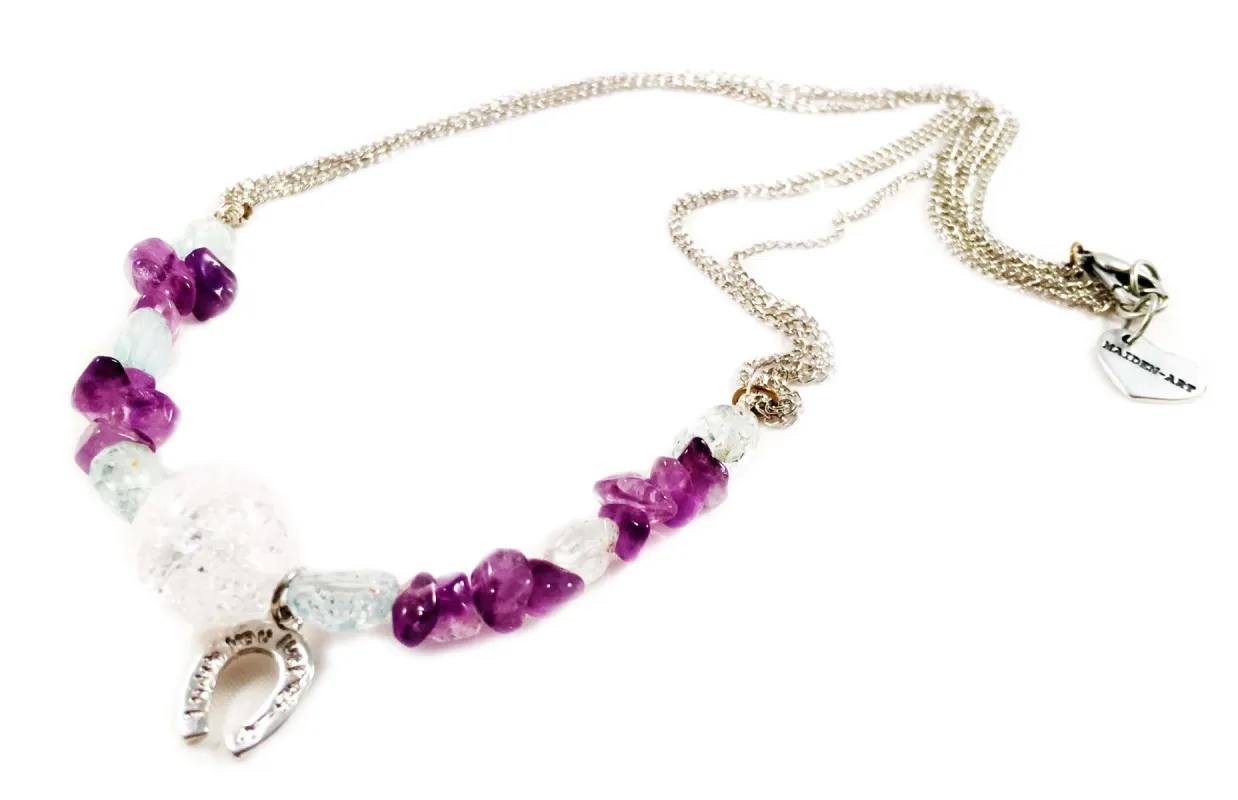 Aquamarine, White Onyx and Amethyst Stones Silver Plated Choker Necklace with Horseshoe Charm. sold by Maiden-Art