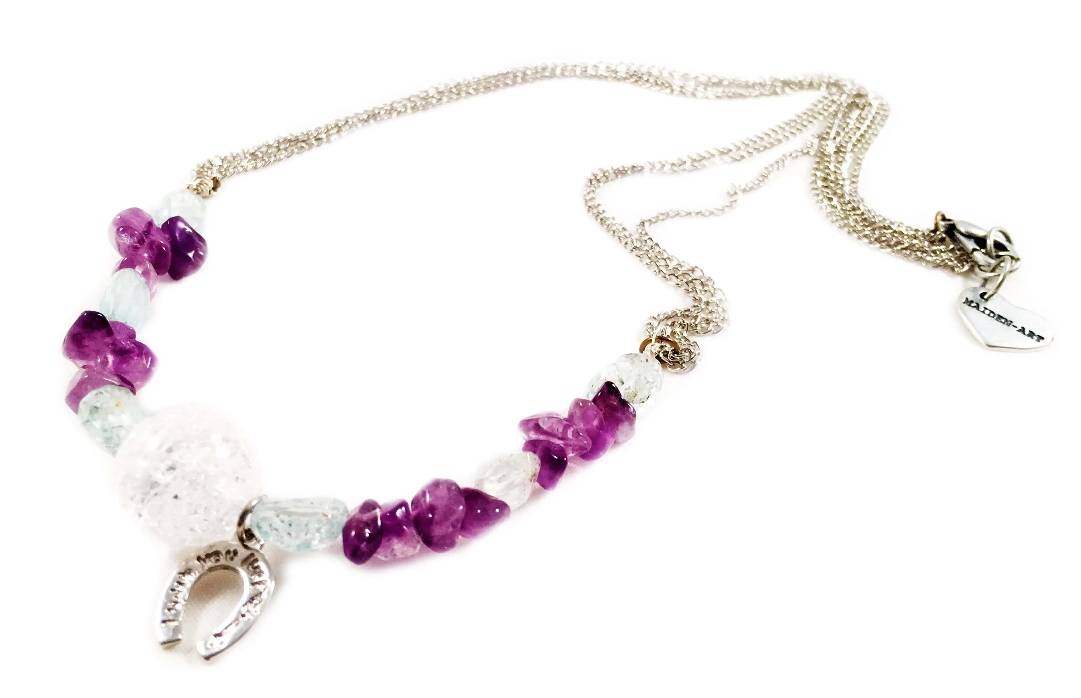 Aquamarine, White Onyx and Amethyst Stones Silver Plated Choker Necklace with Horseshoe Charm. sold by Maiden-Art