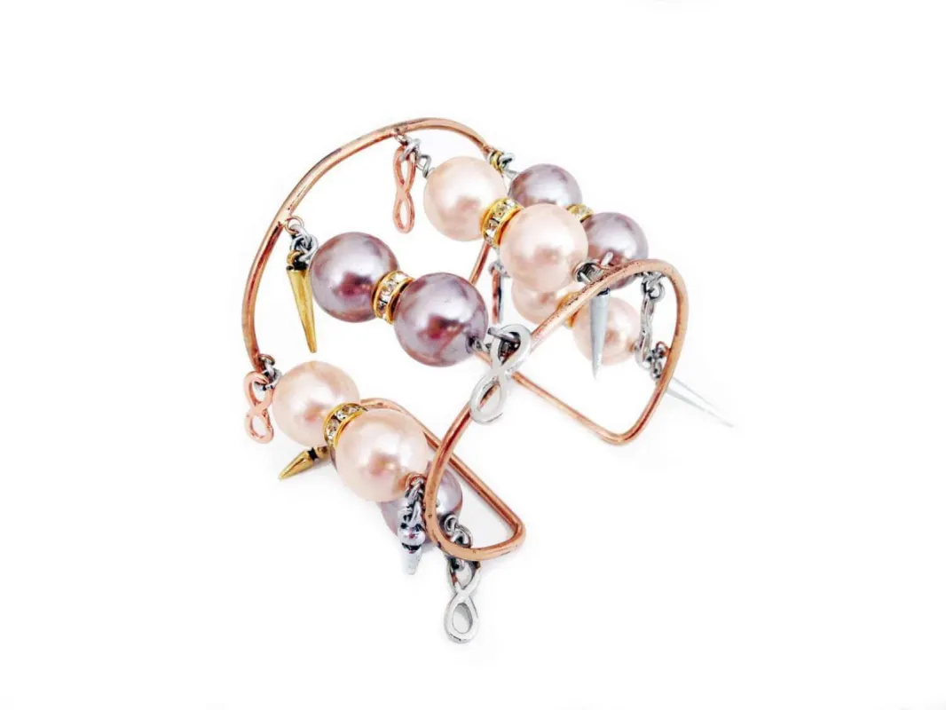 Handmade pearl cuff bracelet with vintage rose, light rose pearls, rhinestones, gold charms, pointed studs. Summer bracelet, Trendy jewelry. sold by Maiden-Art