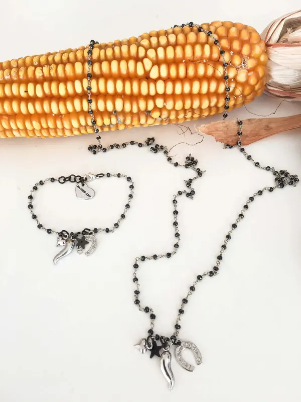 Rosary Necklace and bracelet silver and black ematite with charms. sold by Maiden-Art