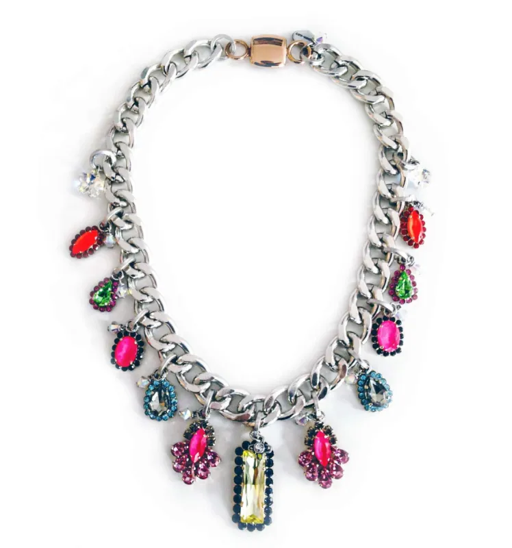 Bib necklace with colorful Swarovski crystals sold by Maiden-Art