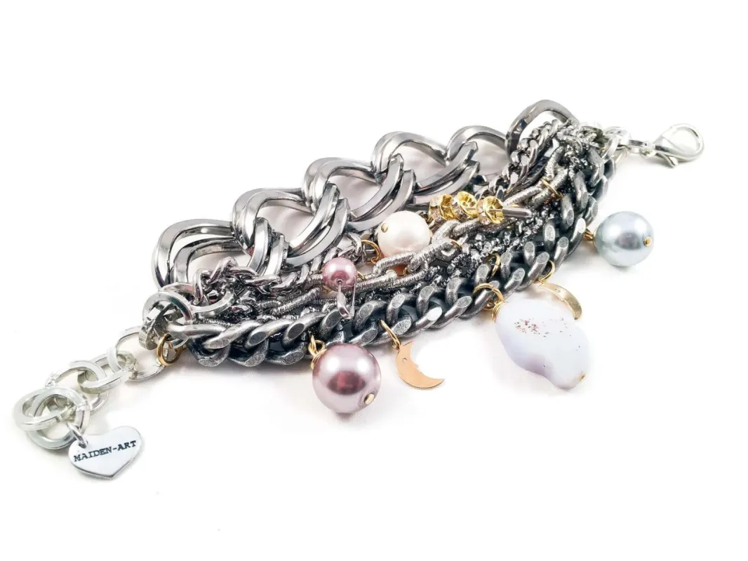 Statement bracelet with calcedony, pearls, crystals and charms. Perfect for parties, summer time and gift for her. sold by Maiden-Art