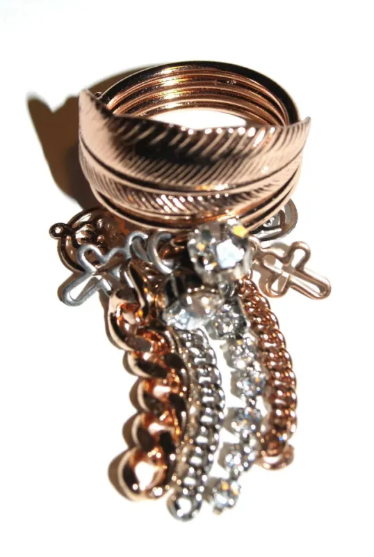 Rose Gold Feather Charm Ring with Fringes made by Maiden-Art