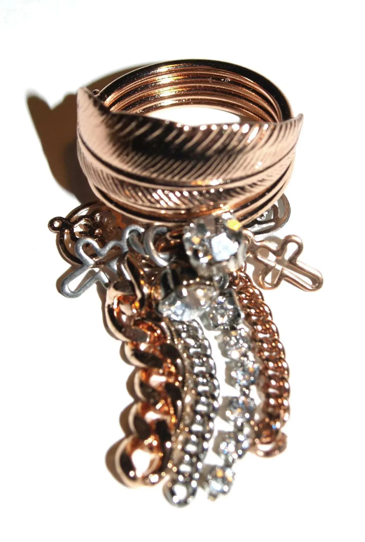 Rose Gold Feather Charm Ring with Fringes sold by Maiden-Art
