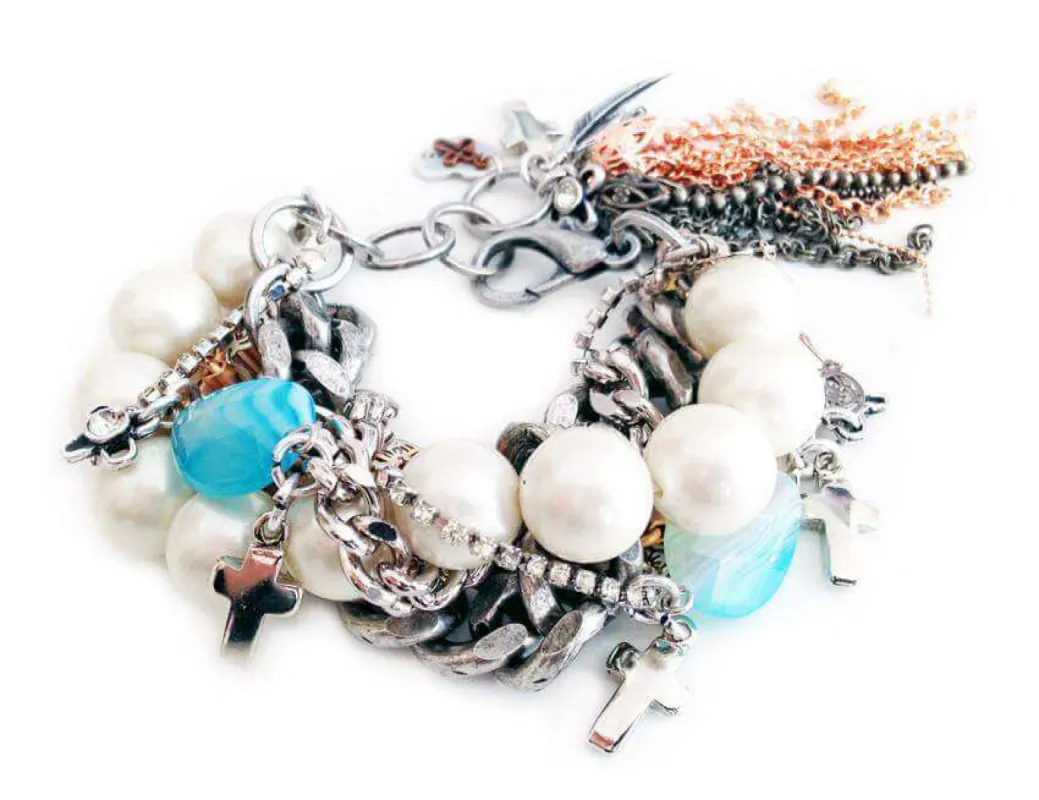 Cuff bracelet with blue agate stones, crosses, Swarovski crystals and charms. Boho chic bracelet, Boho chic jewelry. sold by Maiden-Art