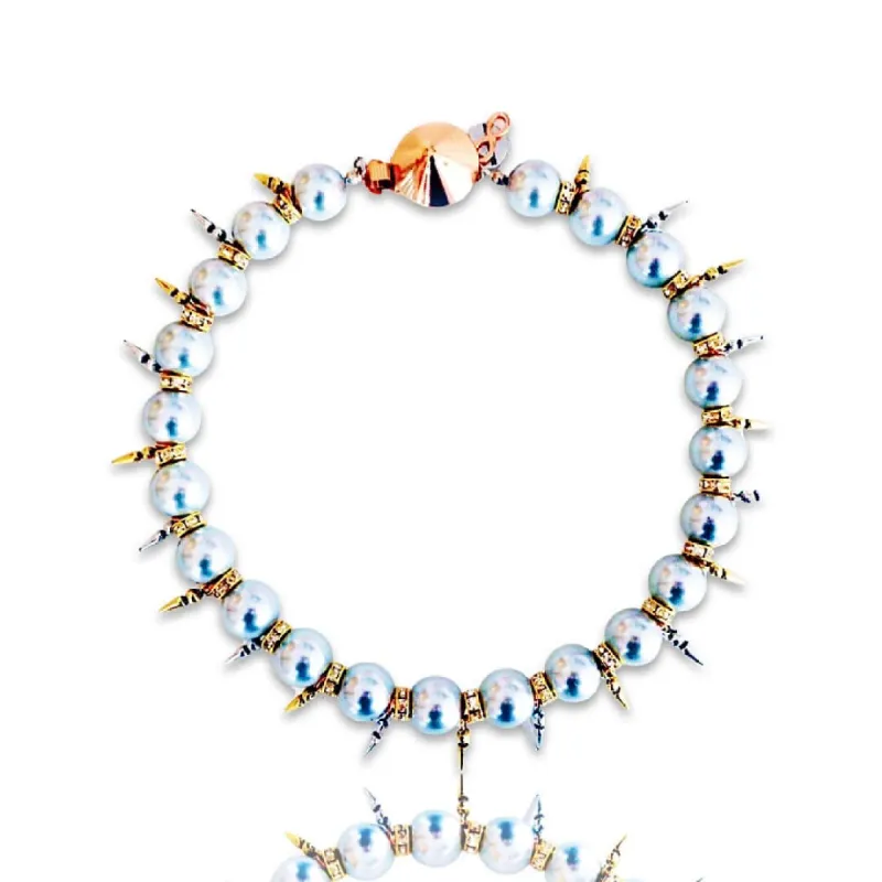 Handmade statement necklace with light blue pearls, Swarovski crystals, rhinestones and gold, silver, rose gold plated brass. sold by Maiden-Art