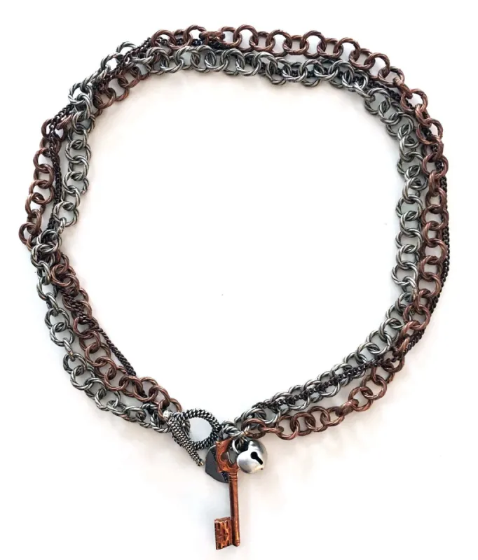 Double heart and chain choker necklace in brass and silver. Perfect for valentines day, valentines day gift, gift for her. In 2 colors. sold by Maiden-Art