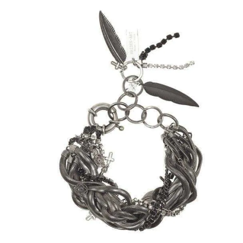 Multi chain bracelet made with silver and black ematite crystals, silver plated brass, little cross charms and metal feather pendants. sold by Maiden-Art