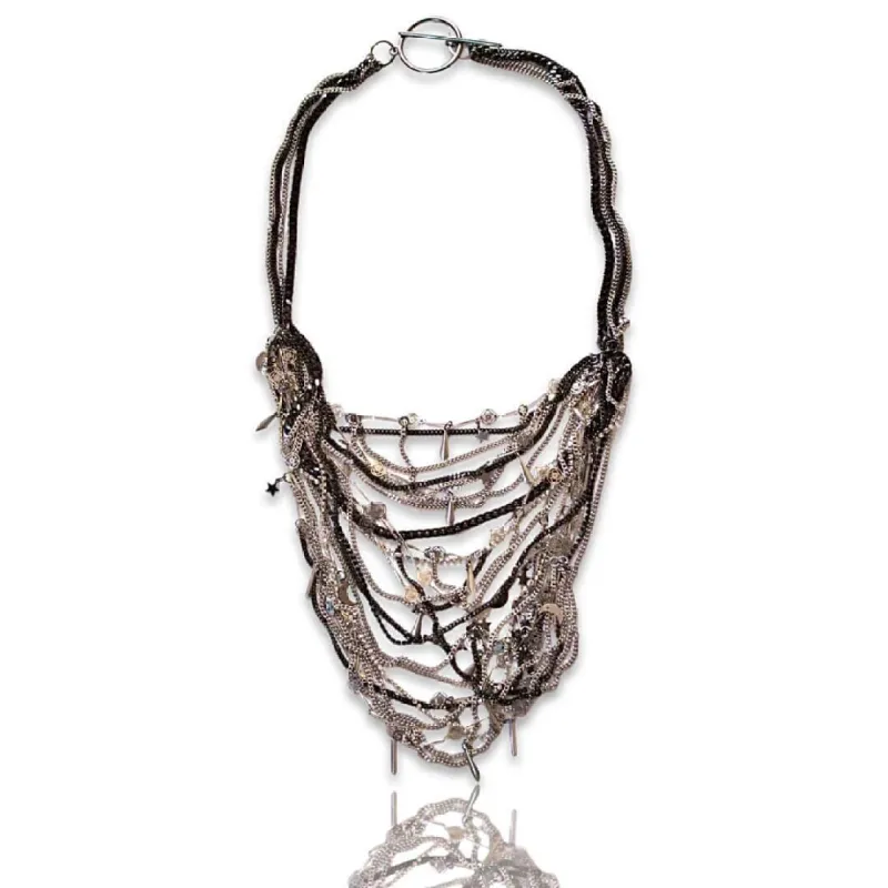 Bib necklace with crystals and brass chains. Black Bib Necklace. Silver Bib Necklace. sold by Maiden-Art