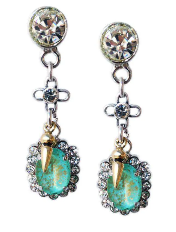 Aqua and gold Crystal dangle and drop earrings with rhinestones, rhodium and antique silver plated brass. sold by Maiden-Art