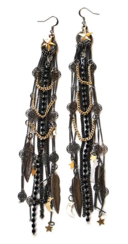 Black Ematite Jet Rhinestones Cluster Earrings with 18kt Gold Plated charms. Long Earrings. sold by Maiden-Art
