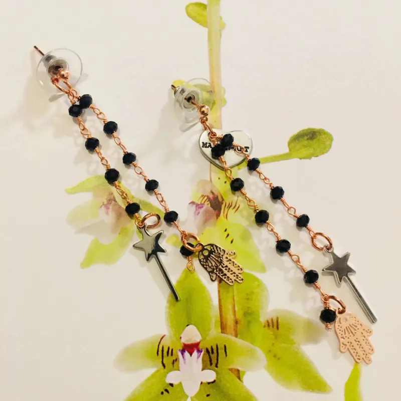 Rosary Earrings with Magic Wand and Hamsa Charms sold by Maiden-Art