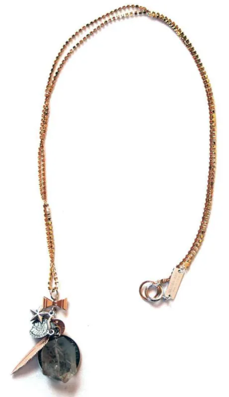 One chain Necklace made of apricot Swarovski crystals chain with charms and rutilated quartz sold by Maiden-Art