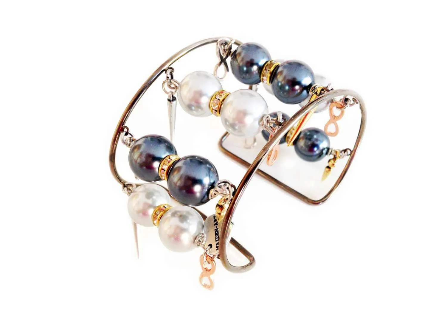 Handmade pearl cuff bracelet with gunmetal, light blue pearls, rhinestones, gold charms, pointed studs. Summer bracelet, Trendy jewelry. sold by Maiden-Art