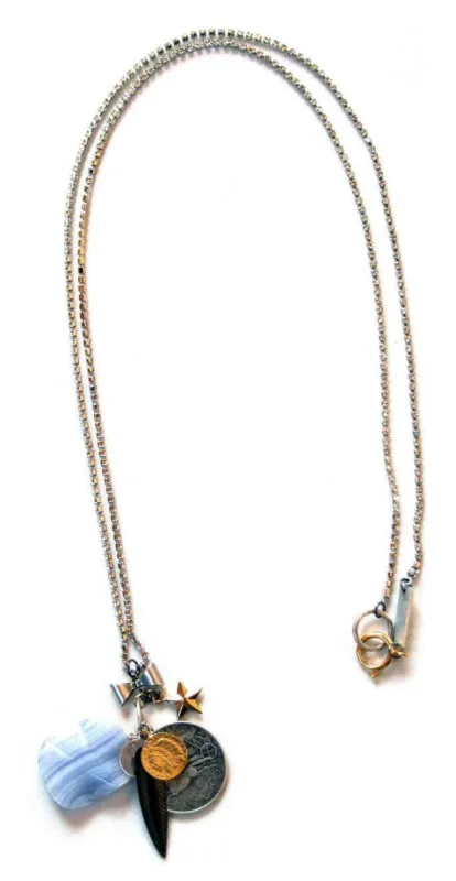 One chain Necklace made of silver Swarovski crystals chain with 18kt Gold Plated Coin, Star, Feather charms and chalcedony stones. sold by Maiden-Art