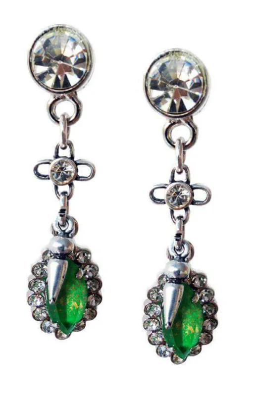 Emerald green Swarovski Crystal dangle and drop earrings with rhinestones, rhodium and antique silver plated brass. sold by Maiden-Art