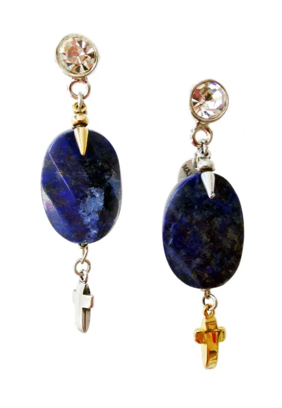 Dangle and drop earrings with blue lapis lazuli stones, rhinestones, brass and charms. Boho chic earrings, Boho chic jewelry. sold by Maiden-Art
