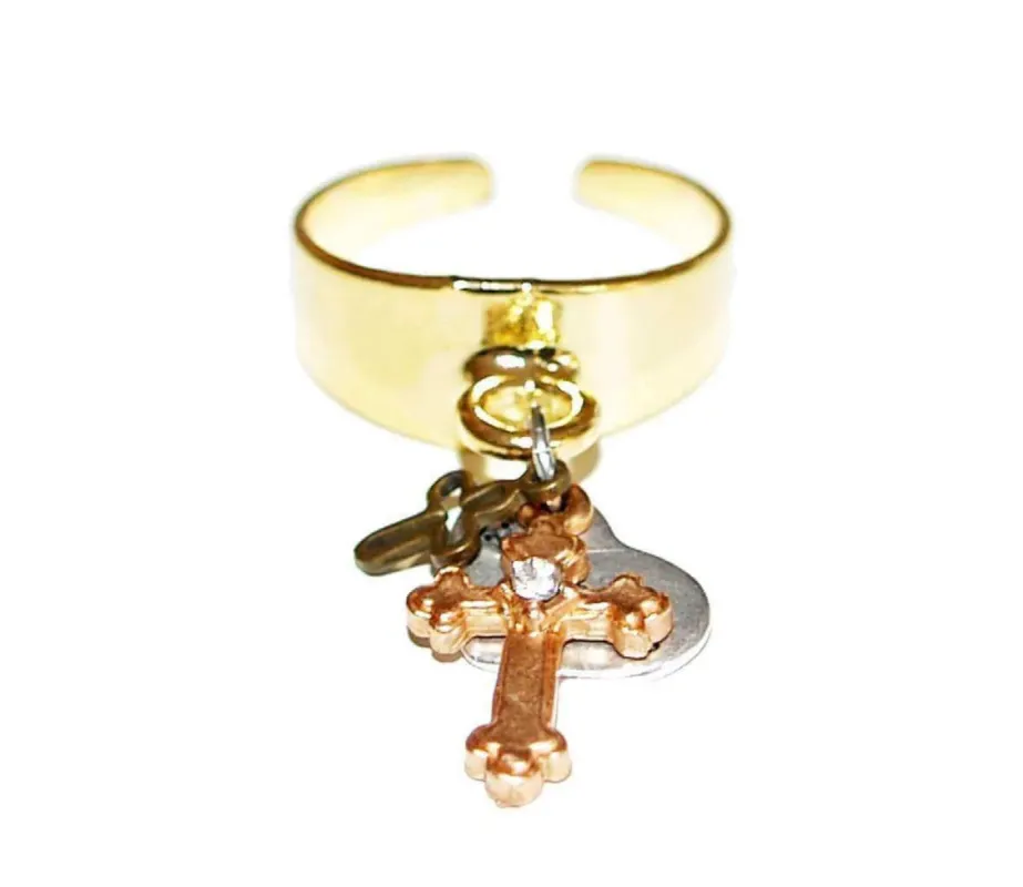Statement ring in gold with rose gold cross charm sold by Maiden-Art