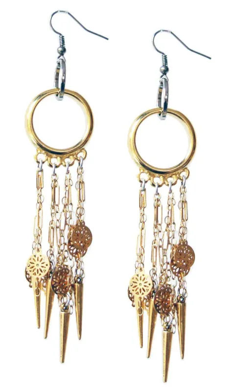 Chandelier earrings in 18kt gold plated flower chains with studs sold by Maiden-Art