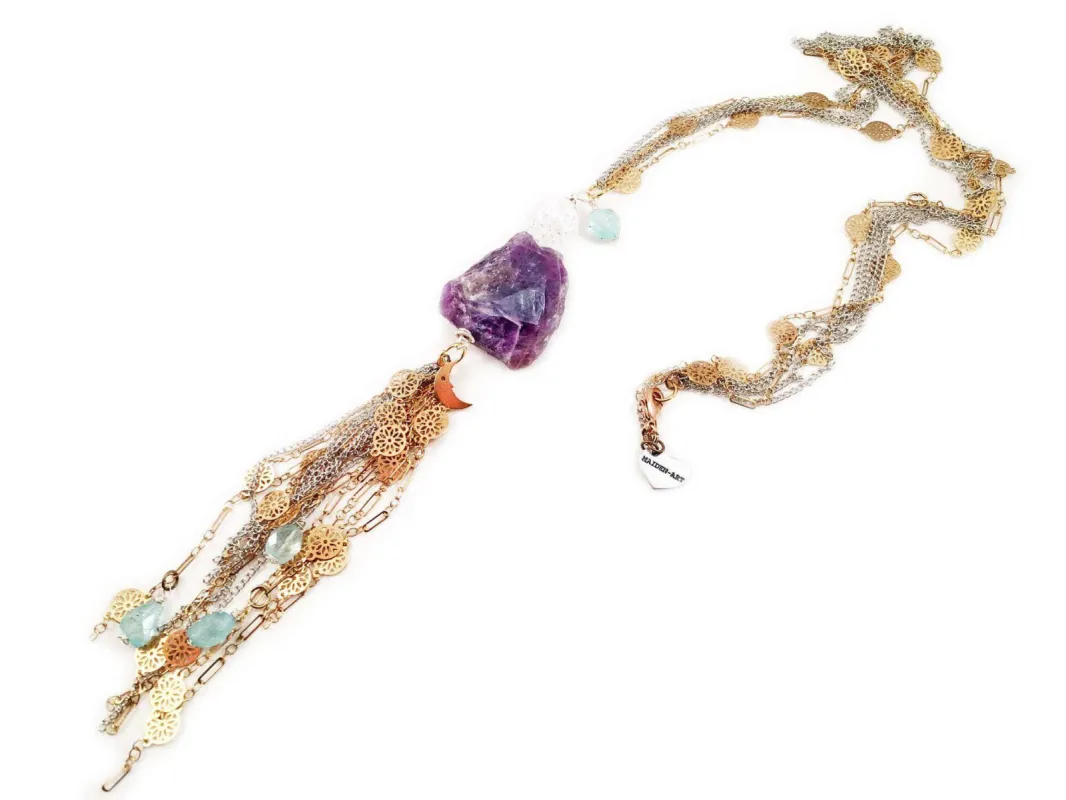 Aquamarine, Amethyst, Calcedony and charms long lariat necklace. Perfect for parties, summer time and gift for her. sold by Maiden-Art