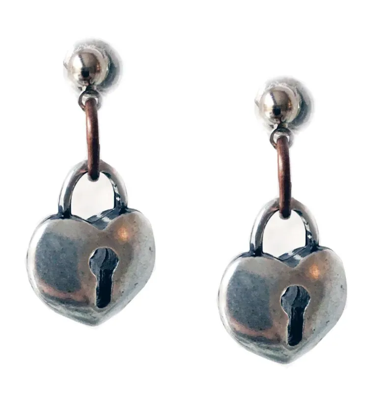 Heart lock stud earrings in silver plated brass. Perfect for valentines day, valentines day gift, gift for her. sold by Maiden-Art