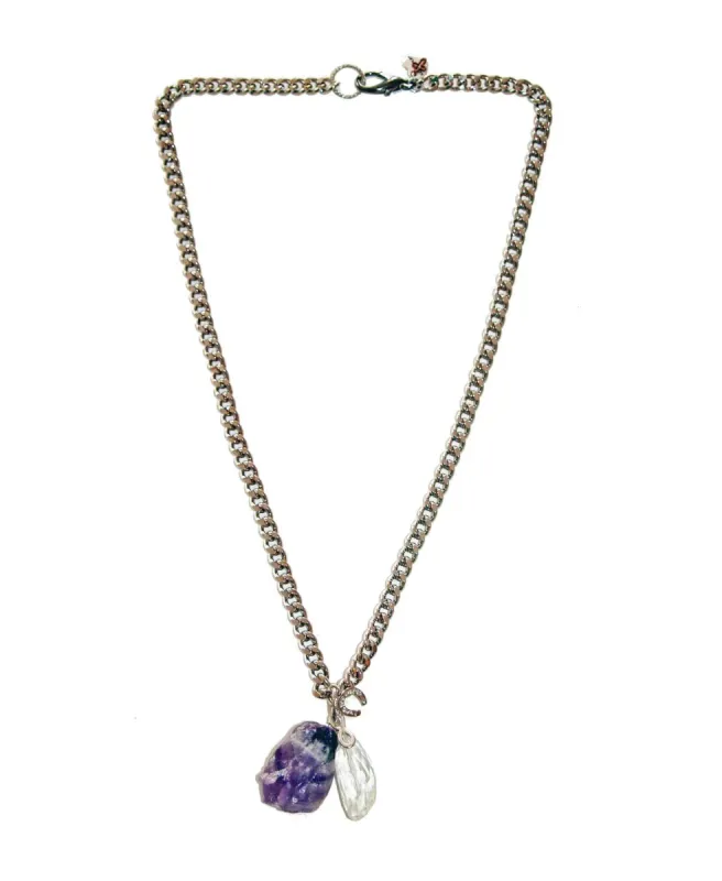 Silver necklace with amethyst and rock crystal stones sold by Maiden-Art