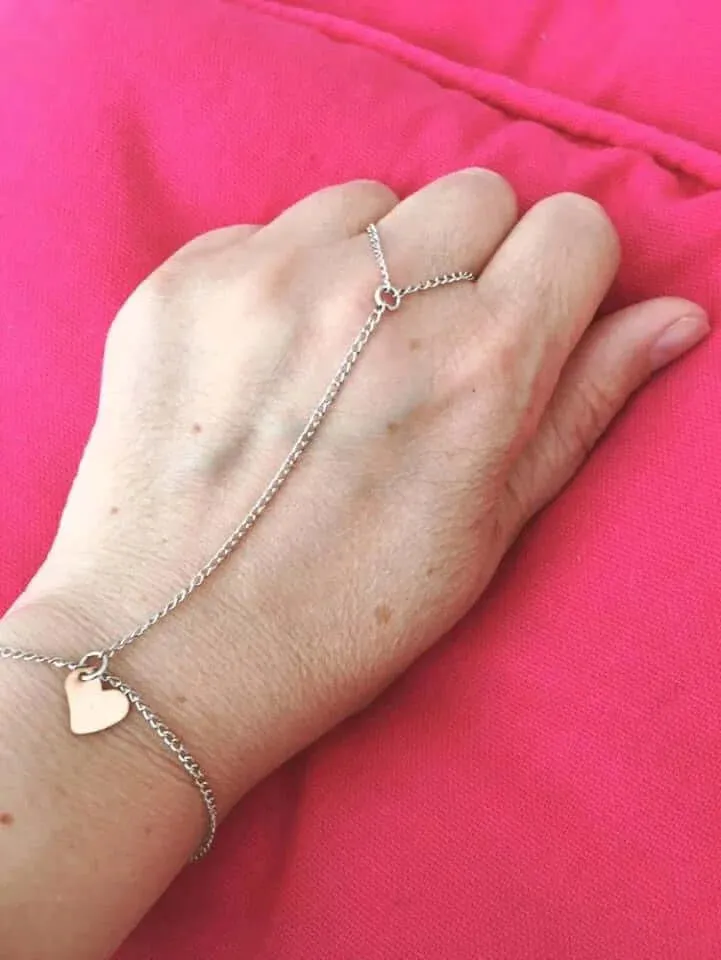 Silver Handchain and Rose Gold Heart Charm. Handchain Bracelet. sold by Maiden-Art