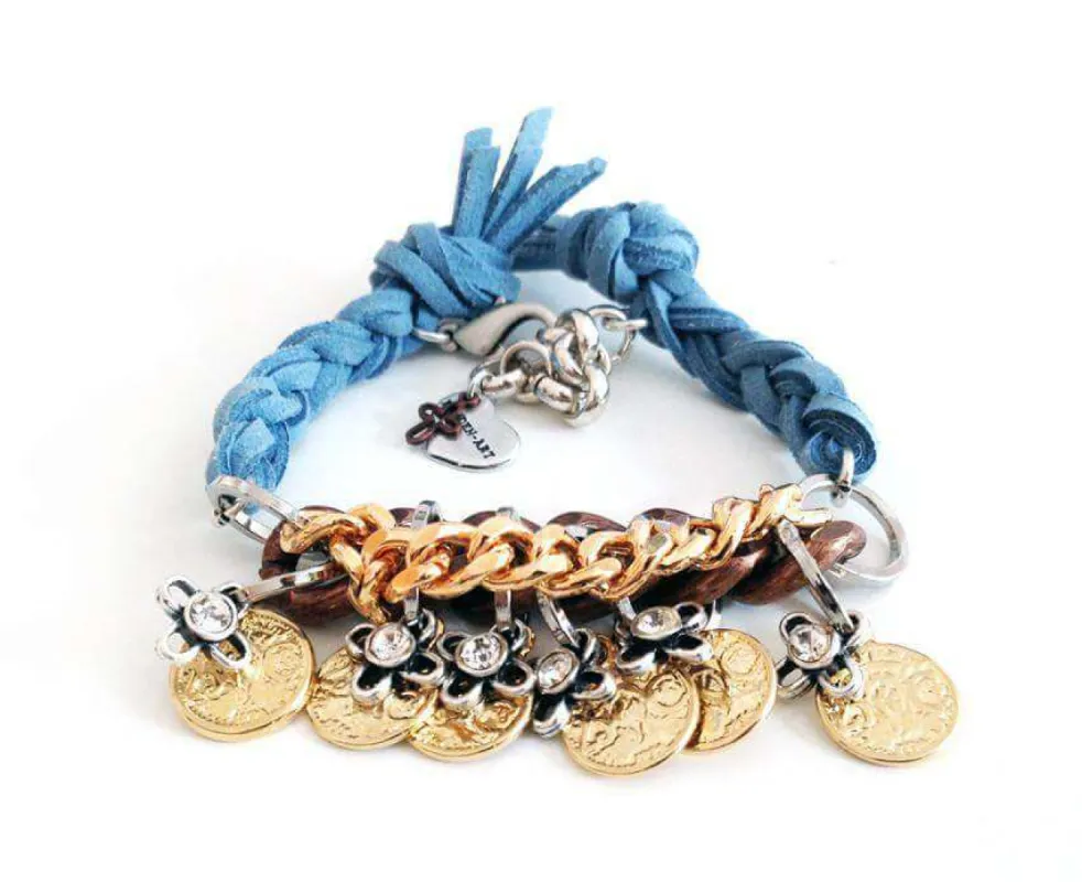Friendship wraparound bracelets with Swarovski crystals and burnished gold coins charms. Boho bracelets, Italian bracelets. sold by Maiden-Art