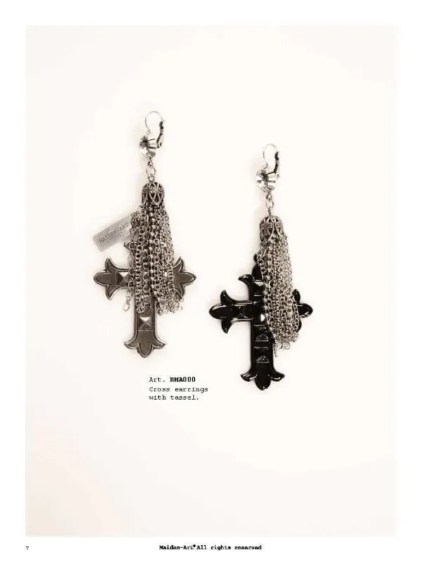 Dangle and Drop Earrings with cross pendants, tassels and crystals in antique silver plated brass. sold by Maiden-Art