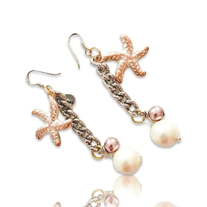 Statement Earrings with Starfish Charms and Pearls. sold by Maiden-Art