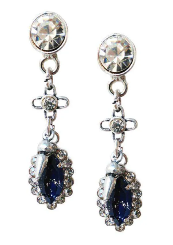 Navy Blue Swarovski Crystal dangle and drop earrings with rhinestones, rhodium and antique silver plated brass. sold by Maiden-Art