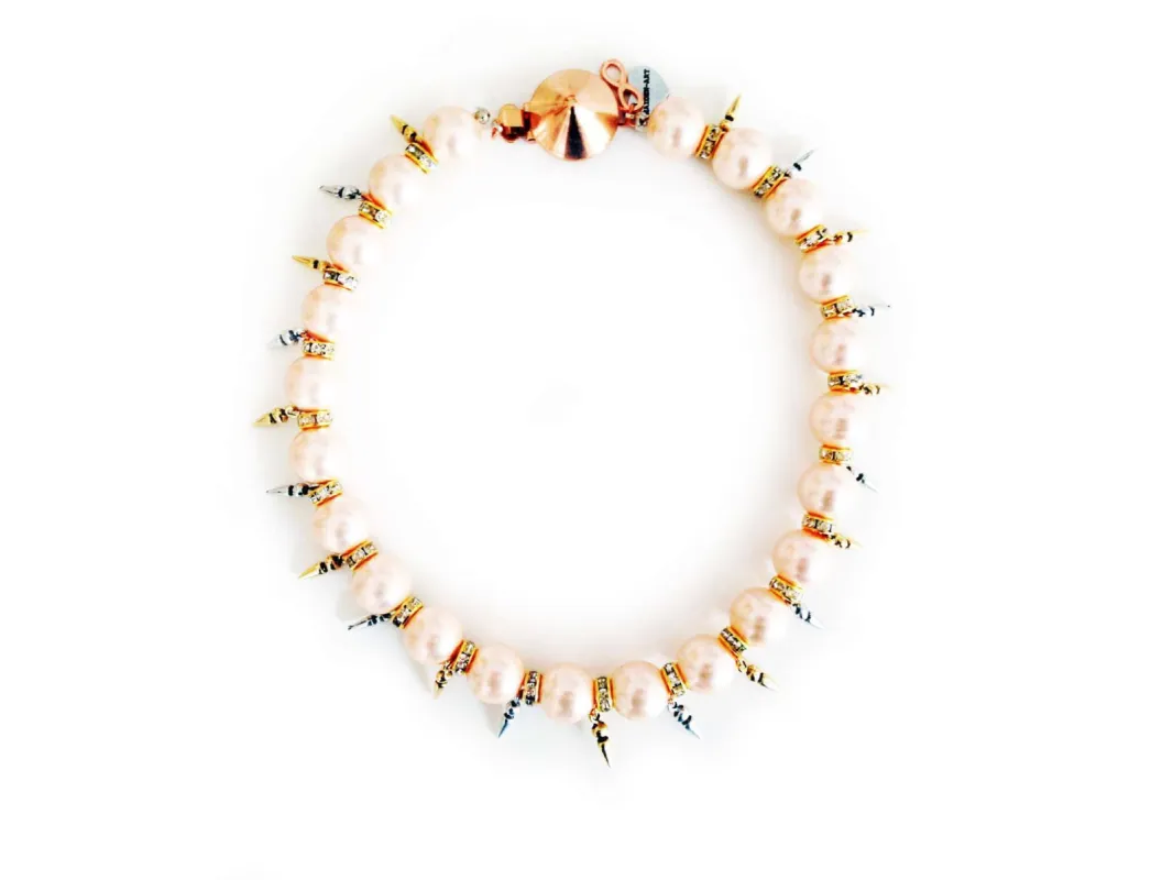 Handmade statement necklace with light rose pearls, Swarovski crystals, rhinestones and gold, silver, rose gold plated brass. sold by Maiden-Art