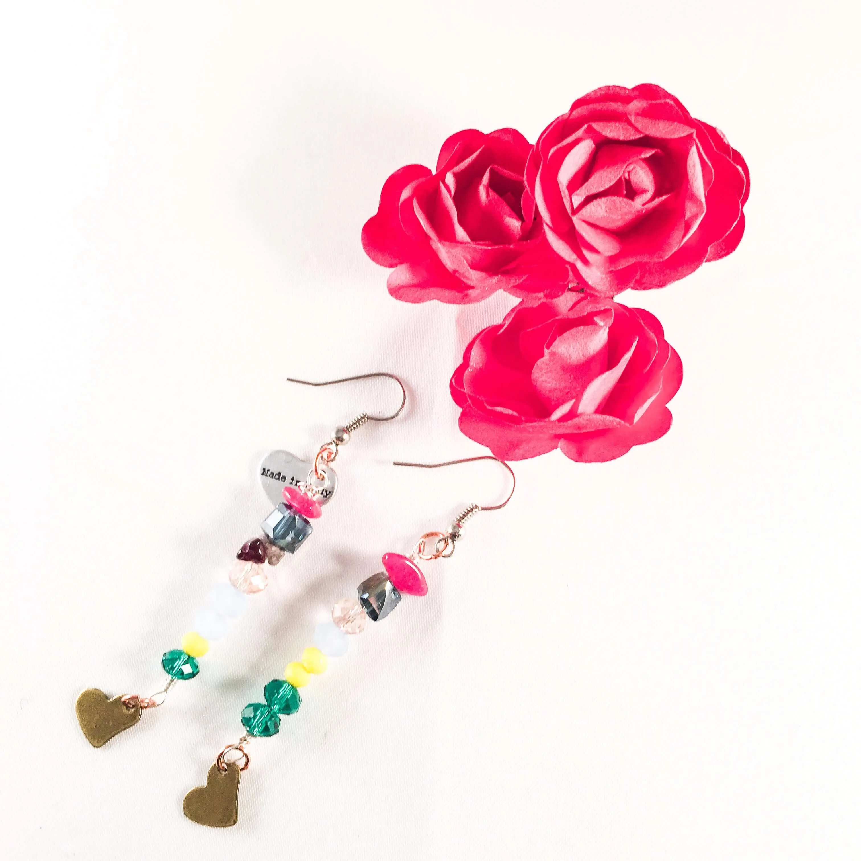 Colorful Beads and Stones Heart Charm Earrings sold by Maiden-Art