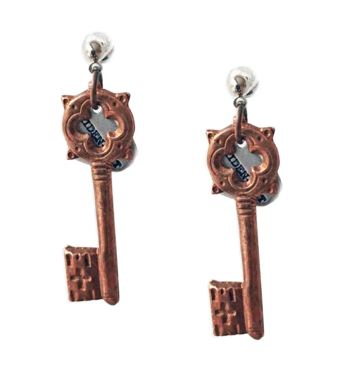 Key stud earrings in brass and bronze. perfect for valentines day, valentines day gift, gift for her. sold by Maiden-Art