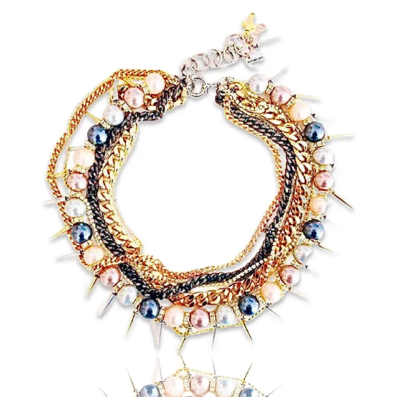 Multi strand necklace with big colorful pearls, Swarovski crystals, brass chains and studs. Trendy necklace, trendy jewelry. sold by Maiden-Art