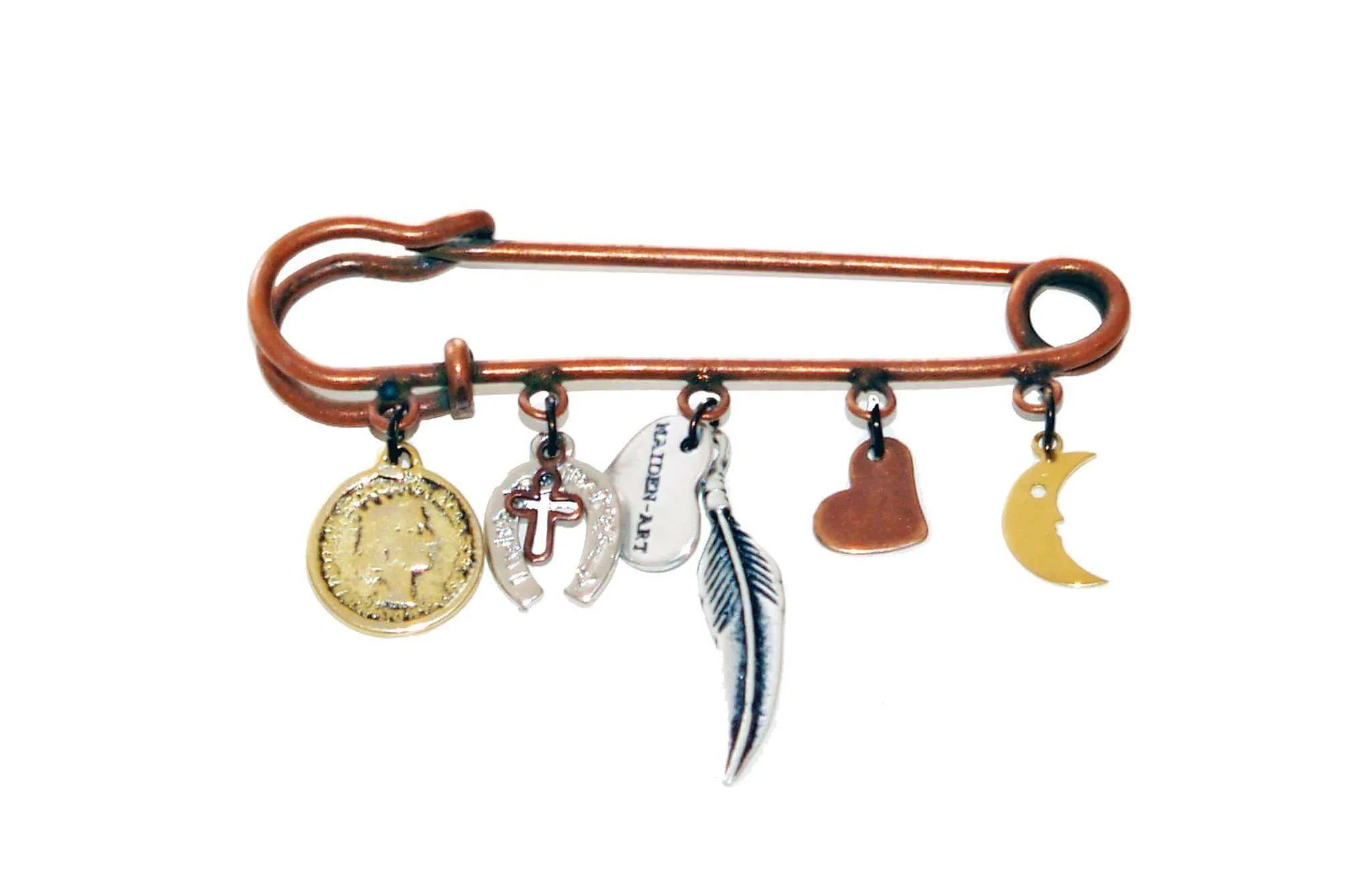 Copper brooch with charms sold by Maiden-Art