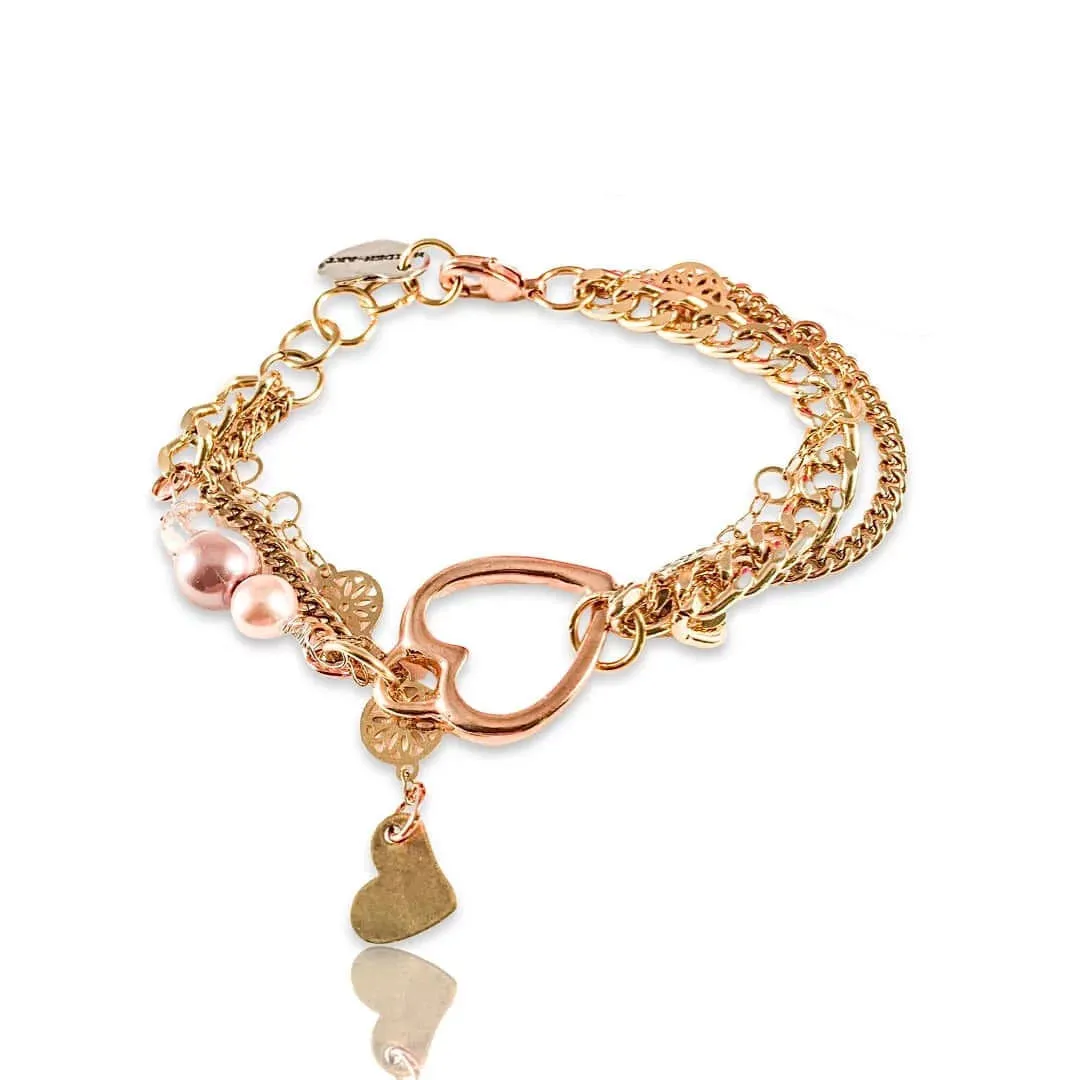 Rose Gold Heart Charm Bracelet with rose pearls sold by Maiden-Art