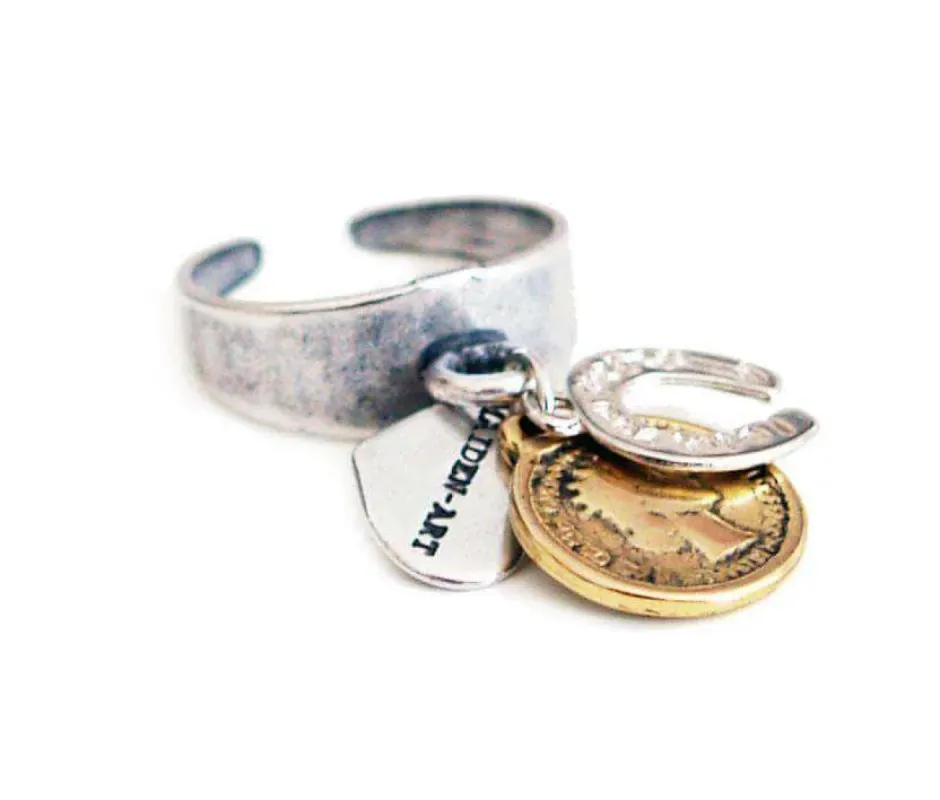 Statement ring in silver with coin and horseshoe charm sold by Maiden-Art
